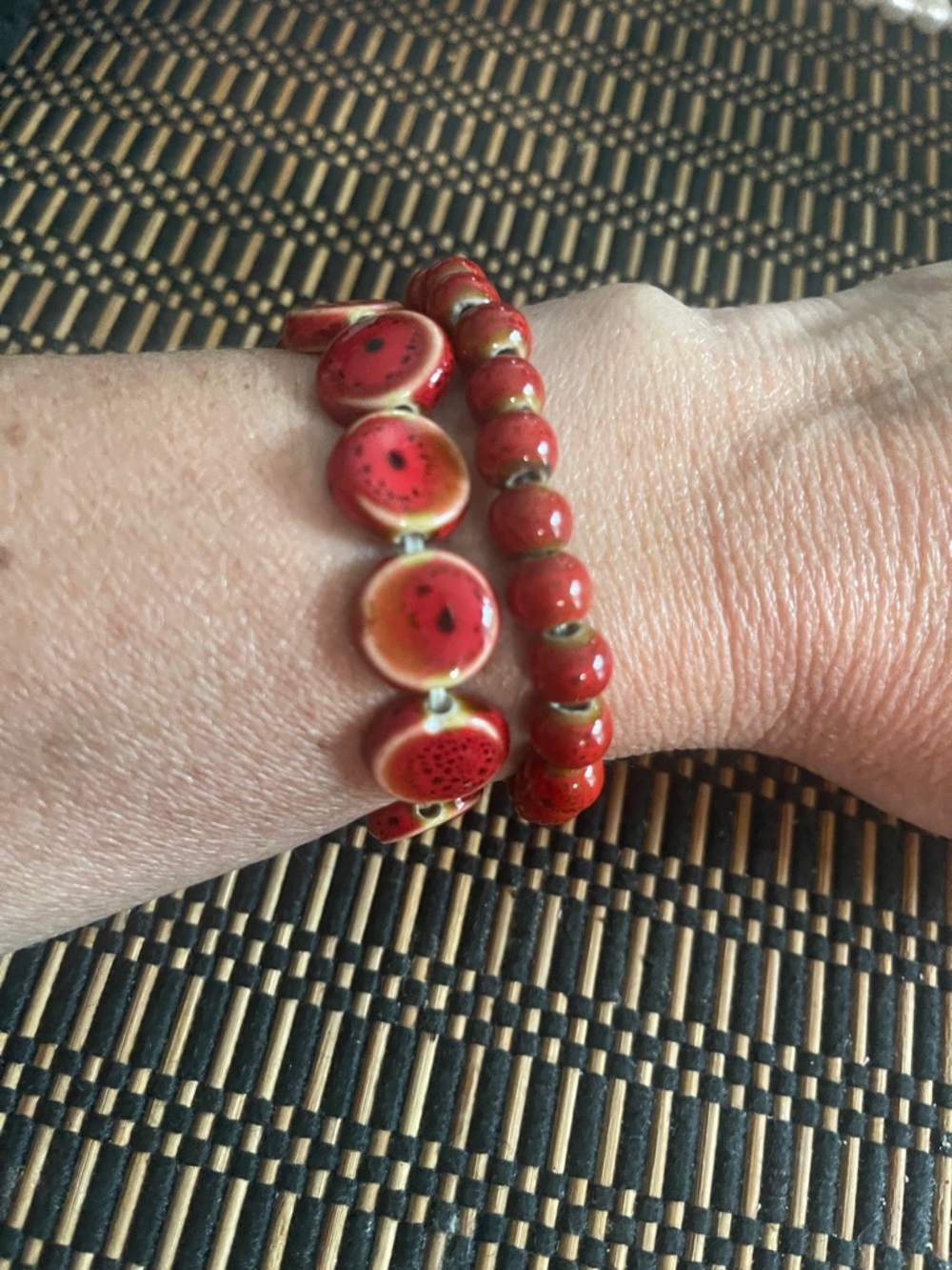 Red Ceramic Bead Stretch Bracelet - Women's Stackable Bracelet